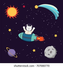 Hand drawn colorful vector illustration of a cute funny cat astronaut flying in a rocket in outer space, on a dark background with stars and planets. Isolated objects. Design concept for children.
