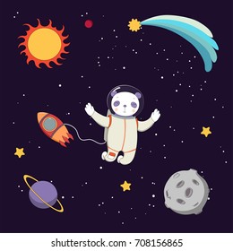 Hand drawn colorful vector illustration of a cute funny panda astronaut on a spacewalk in outer space, on a dark background with stars and planets. Isolated objects. Design concept for children.