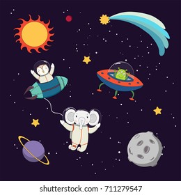 Hand drawn colorful vector illustration of a cute funny alien in a flying saucer, owl astronaut in a rocket and elephant on a spacewalk, on a dark background. Isolated objects. Design concept for kids