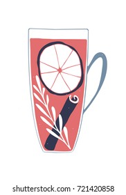 Hand drawn colorful vector illustration of a cup of tea with cinnamon, lemon and rosemary

