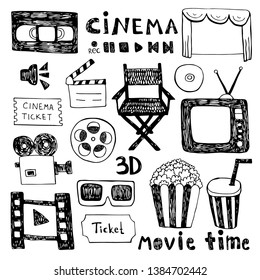 Hand drawn colorful vector illustrations - Cinema collection. Movie and film elements in sketch style. Perfect for cards, posters, banners, flyers etc. Sticker version