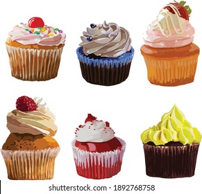 Hand drawn colorful vector muffins, cupcakes in art markers style