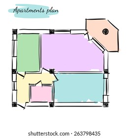 Hand drawn colorful vector plan of the apartment with one bedroom on the white background.