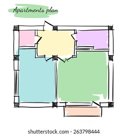 Hand drawn colorful vector plan of the apartment with one bedroom on the white background.