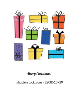 Hand drawn colorful vector postcard "Merry Christmas!". Best wishes. Color. Drawing. Holiday. Congratulation. Christmas. Tree. Star. Green. Yellow. Black.
