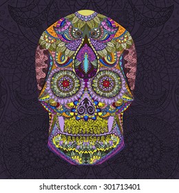 Hand drawn Colorful vector Scull with floral ornament 