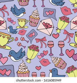 Hand drawn colorful vector seamless pattern with valentines day symbols: hearts, wine glasses, birds, cupcake. Design for greeting cards, scrapbooking, wallpaper, textile, wrapping paper, invitations.