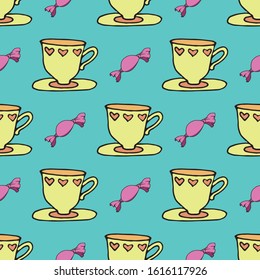 Hand drawn colorful vector seamless pattern with cup of tea and candy. Design for greeting cards, scrapbooking, wallpaper, textile, wrapping paper, invitations printed materials.