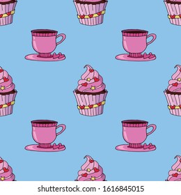 Hand drawn colorful vector seamless pattern with cup of tea and cupcake. Valentine day motif. Design for greeting cards, scrapbooking, wallpaper, textile, wrapping paper, invitations printed materials