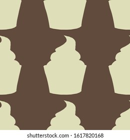 Hand drawn colorful vector seamless pattern with cupcake silhouette. 
beige elements on brown background. Design for scrapbooking, cafe menu, wrapping paper, invitations, printed materials