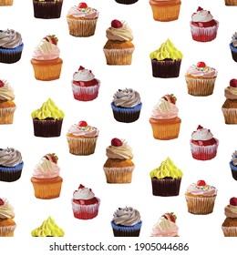 Hand drawn colorful vector seamless pattern with muffins, cupcakes in art markers style