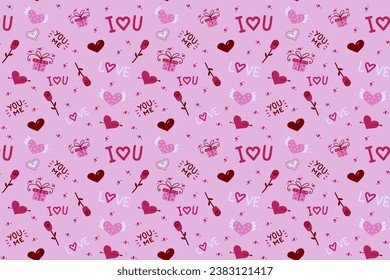 Hand drawn colorful vector seamless pattern with heart, gift box, rose. Light pink backdrop for wrapping paper, greeting cards, posters, invitation, wedding and Valentines cards.