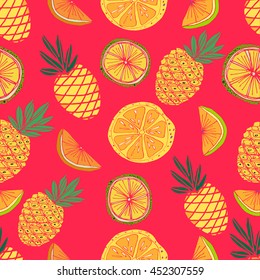 Hand drawn colorful vector seamless background. Fruits pattern with  pine apple, palm leaves. Summer theme. 
