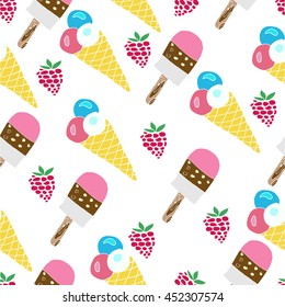 Hand drawn colorful vector seamless background. Ice cream pattern with  raspberry. Summer theme. 
