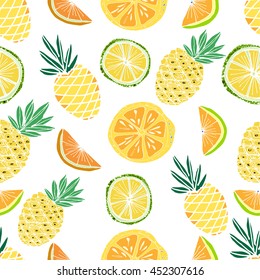 Hand drawn colorful vector seamless background. Fruits pattern with  pine apple, palm leaves. Summer theme. 