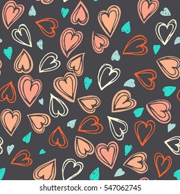 Hand drawn colorful vector seamless background pattern with hearts. Bright backdrop for wrapping paper, greeting cards, posters, invitation, wedding and Valentines cards.