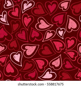 Hand drawn colorful vector seamless background pattern with hearts. Bright red backdrop for wrapping paper, greeting cards, posters, invitation, wedding and Valentines cards.