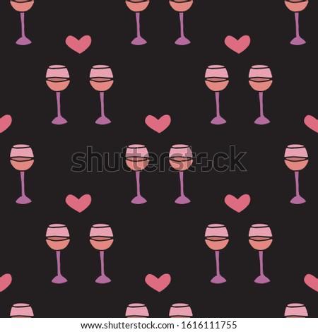 Hand drawn colorful vector seamless pattern with wine glassesand hearts. Valentine day motif.Design for greeting cards, scrapbooking, wallpaper, textile, wrapping paper, invitations, printed materials
