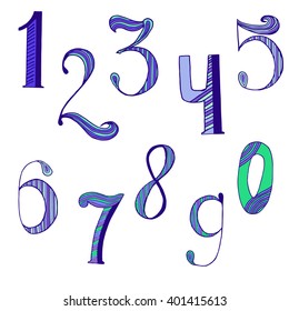 Hand drawn colorful vector set of numbers. Zero, one, two,three, four, five, six,seven, eight, nine. Numbers in doodle style.