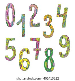 Hand drawn colorful vector set of numbers. Zero, one, two,three, four, five, six,seven, eight, nine. Numbers in doodle style.