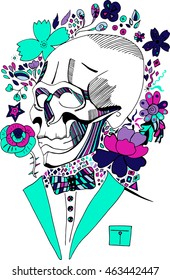 Hand drawn colorful vector sketch with ink skull with the bow tie. Coloring book page illustration. Print for T-shirt or tatoo.