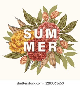 Hand drawn colorful vector vintage flowers bouquet with Summer inscription. Best for poster, t-shirt, banner, flyer and invitations 
