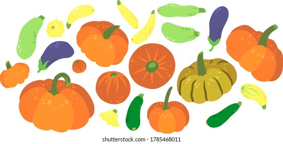 Conjunto de verduras coloridas dibujadas a mano. Calabazas, berenjenas y calabacín.