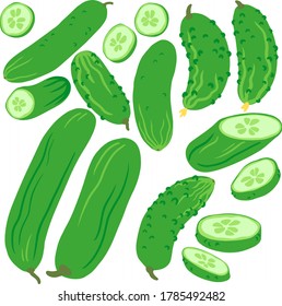 Hand drawn colorful vegetable set. Cucumbers.