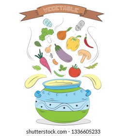 Hand drawn colorful vegetables background. Creative cooking collection. Flying vegetables. Sketch style vector set. Illustration isolated on white background.