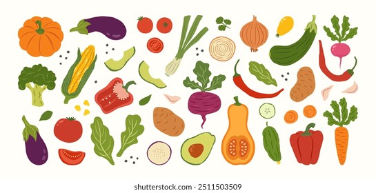 Hand drawn colorful vegetables and salad. Modern abstract minimal style. Healthy organic food. Tomatoes, onion, zucchini, eggplant, leek, potatoes, corn, peppers, beet. Vector flat illustration.