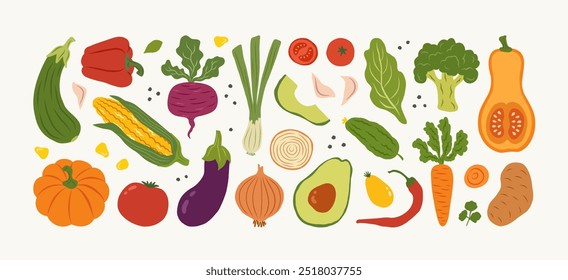 Legumes coloridos desenhados à mão e salada. Moderno estilo abstrato mínimo. Alimentos orgânicos saudáveis. Tomates, cebola, abobrinha, berinjela, alho-poró, batatas, milho, pimentos, beterraba. Ilustração plana vetorial.