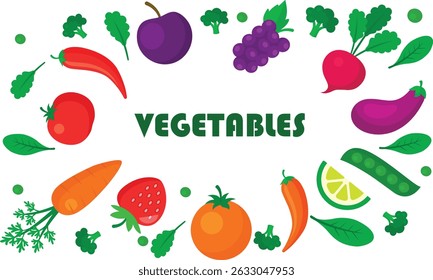 Hand drawn colorful vegetables and salad. Modern abstract minimal style. Healthy organic food. Tomatoes, onion, zucchini, eggplant, leek, potatoes, corn, peppers, beet. Vector flat illustration. 