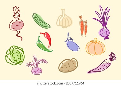Hand drawn colorful vegetables vector line icons