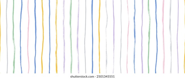 Hand drawn colorful vertical stripes seamless pattern. Grunge thin rough lines wallpaper. Vector sketch geometric lines. Seamless banner design with parallel doodle brush strokes.