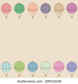 hand drawn colorful vintage air balloons arranged in lines background, with empty space for your text here, in pastel colors