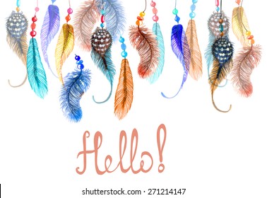 Hand drawn colorful watercolor feathers background, beautiful illustration, Vector