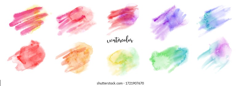 Hand drawn colorful watercolor paint brush set.  Stain artistic vector used as being an element in the decorative design of background, brochure, poster, card, cover, banner.