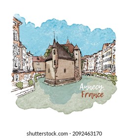 Hand drawn colorful watercolor sketch of city view of the Palais de l'Isle and Thiou river in old city of Annecy, Venice of the Alps, France. Hand drawn famous french landmark, sightseeing. Hand drawn