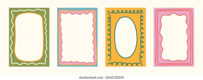 Hand drawn colorful wavy frames. Coastal border set for wedding, invitations, menu, posters, print, postage stamp. Modern Frame collection. Minimal line shapes backgrounds. Doodle vector illustration.