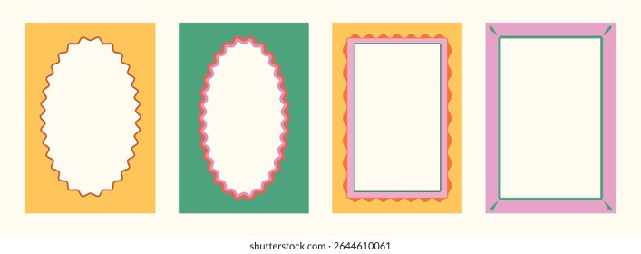 Hand drawn colorful wavy frames. Coastal border set for wedding, invitations, menu, posters, print, postage stamp. Modern Frame collection. Minimal line shapes backgrounds. Doodle vector illustration.