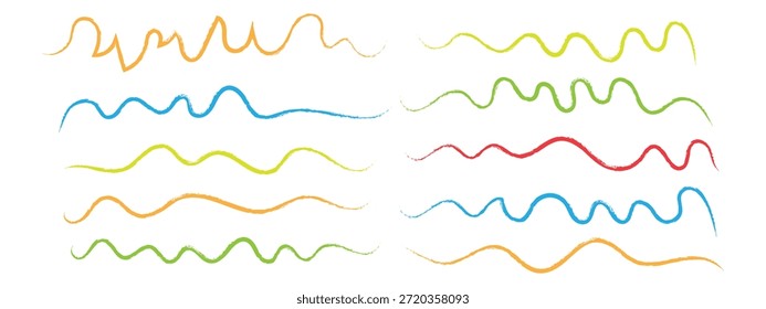 Handgezeichnete bunte wellenförmige Kritzellinien gesetzt und unterstreicht. Farbige Farbe wellige Pinselstriche, gekrümmte Linien Symbol. Vektorgrafik.