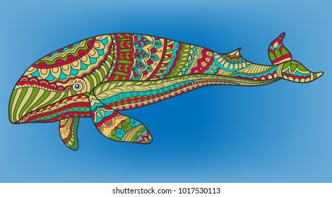 Hand drawn colorful whale with high details, isolated on blurred blue background. Doodle cartoon cachalot in zentangle style. Marine collection, vector illustration