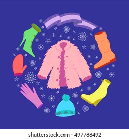 Hand Drawn Colorful Winter Clothes and Snowflakes Arranged in a shape of a circle. Cute shoes on high heel, scarf, mitten, glove and fur coat. Vector illustration.