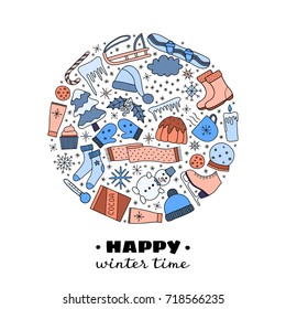 Hand drawn colorful winter items composed in circle shape.