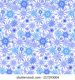 Hand drawn colorful winter pattern with various falling snowflakes for Christmas background and holiday decor. Seamless vector texture.