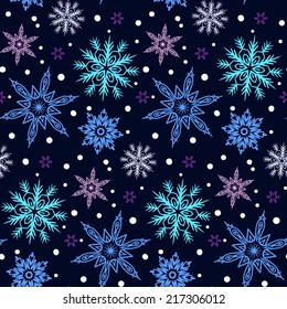 Hand drawn colorful winter pattern with various falling snowflakes for Christmas background and holiday decor. Seamless vector texture.