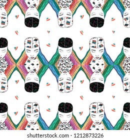 Hand Drawn colorful woman in lgbt and music mind doodle pattern. Illustrations Drawing Vector Sketch for textile, print, postcard, text, invitation, poster, background, book, t-shirt, wallpaper