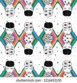 Hand Drawn colorful woman in lgbt and music mind doodle pattern. Illustrations Drawing Vector Sketch for textile, print, postcard, text, invitation, poster, background, book, t-shirt, wallpaper