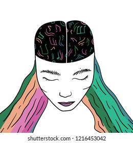 Hand Drawn colorful woman in the mind doodle card. Illustrations Drawing Vector Sketch for textile, print, postcard, text, invitation, poster, background, book, t-shirt, wallpaper