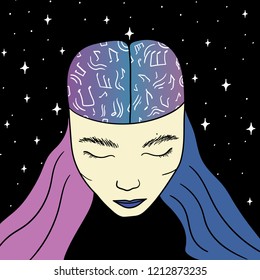 Hand Drawn colorful woman in the music mind doodle card. Illustrations Drawing Vector Sketch for textile, print, postcard, text, invitation, poster, background, book, t-shirt, wallpaper